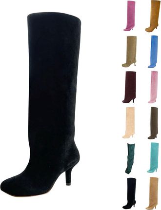 Generic Suede Knee High Boots for Women Wide Calf Square Toe Stiletto Heels Tall Boots Ladies Fall Winter Slouchy Pull On High Heel Dress Long Booties for Par