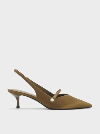 Charles & Keith Helena Satin Pearl Slingback Kitten Heels