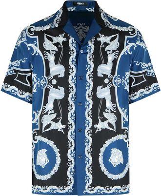 Versace Regular-Hemd aus schwarz-blau bedrucktem Seidentwill