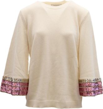 Valentino Garavani Truien & Vesten, Dames, Beige, XS, Pailletten, Ronde hals gebreid