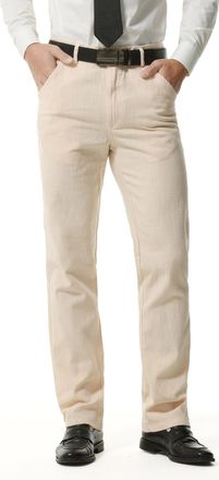Hoerev Mens Linen Cotton Pants, Casual Business Style,Beige, 4-Pocket Design,Copper Zip,34Wx31L