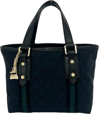 Gucci Black Navy Canvas Leather Boston Bag Handbag Tote Bag (Pre-Owned)