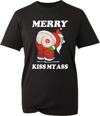 Generic Merry Kiss My Ass T-Shirt, Funny Santa Rude Joke Xmas 2025 Tee, Naughty Christmas Party Outfit Gift Top UK (Black, XL)