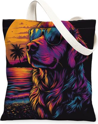 Generic Summer Golden Retriever Dog Canvas Tote Bag for Shopping 13x15, Cool Beach Coastal Puppy Reusable Grocery Print Pattern Bag for Women, Retro Pet Beach