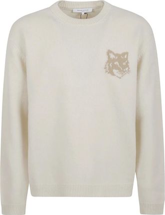 Maison Kitsun&eacute; Fox Head Intarsia Merino Jumper - Heren - Ronde hals truien - Beige - M - Wol - Truien & Vesten
