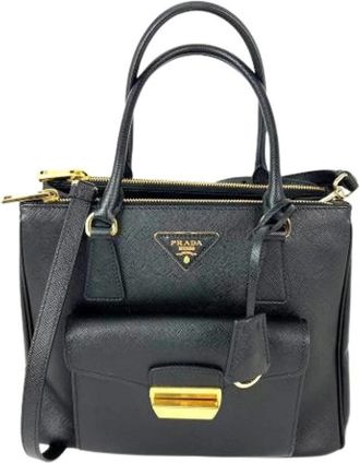 Prada Pre-owned Saffiano Front Pocket Double Zip Tote Bag - Dames - Vintage Shopper - Zwart - ONE Size - Leer - Vintage