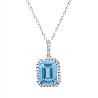 Diamond2Deal 10K White Gold Swiss Blue Topaz and Genuine White Zircon Pendant Necklacev 18