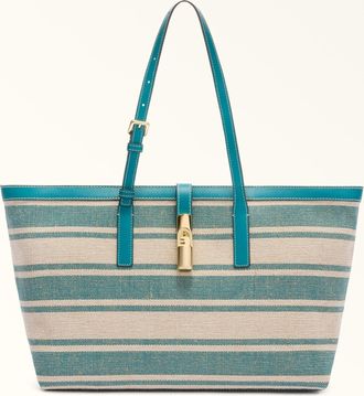 Furla Debby Borsa Shopping L Toni Amatore Blue Multicolore Tessuto Canvas A Righe + Pelle Di Vitello Sidney Donna