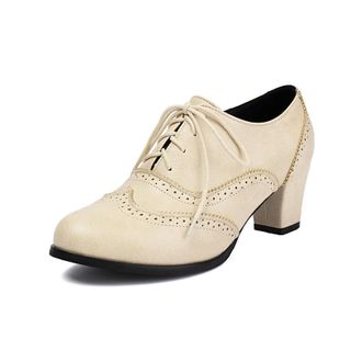 Generic Womens Lace Up Vintage Brogues Chunky Heel Platform Dress Shoes Round Toe PU Leather Casual Shoes,Beige,5.5 UK