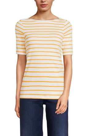 Lands End Supima Cotton Elbow Sleeve Boatneck Button Shoulder Tee in White at Nordstrom, Size X-Small P