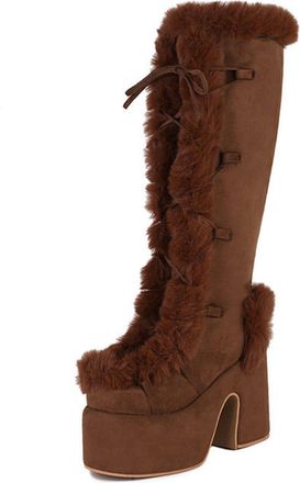 Generic Eestfy Womens Retro Platform Knee High Boots Suede Faux Fur Trim Chunky Heel Side Zip Winter Style for Cold Days Streetwear Outdoor Activities,Brown,6