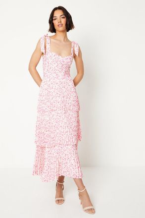 Oasis Womens Ditsy Floral Pleated Tie Shoulder Midi Dress - Multicolour - Size 12 UK