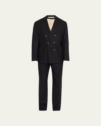 Brunello Cucinelli Mens Pinstriped Flannel Double-Breasted Suit