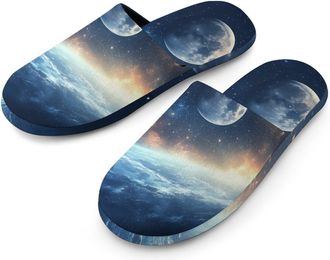 Generic Moon And Earth Mens Cozy House Slippers Winter Warm Shoes with Anti-Slip Sole for Travel Indoor Outdoor