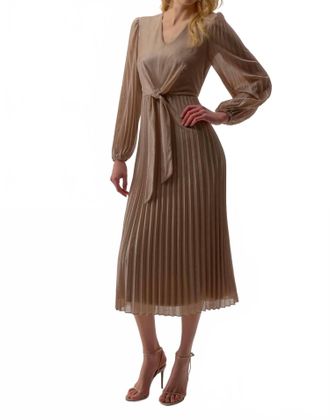Joseph Ribkoff Waist Tie Puff Sleeve Pleated Fit And Flare Dress In Taupe/silver