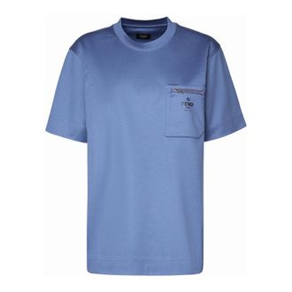 Fendi T-Shirts, male, Blue, Size: XS Denim Cotton T-shirt with Logo Pocket