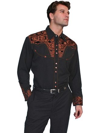 Scully Mens Floral Embroidered Western Shirt Black Large