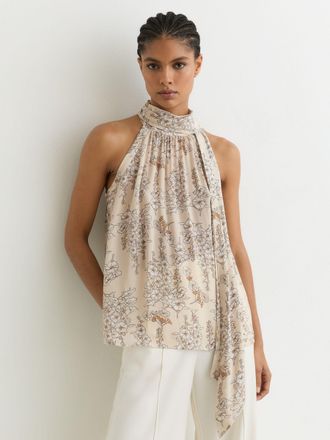 Reiss Cream Floral-print Scarf-neck Top, 18