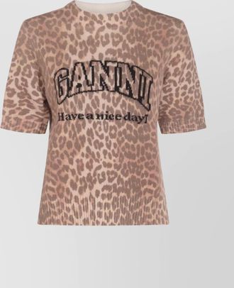 Ganni leopard-print wool short-sleeve crewneck knitted top