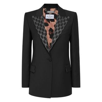 Philipp Plein Blazers, female, Black, M, Wool Boxy Blazer Strass Monogram