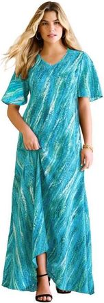 Roaman's Plus Size Hand Crinkled Flutter Sleeve Maxi Dress in Ocean Textured Stripe at Nordstrom, Size 32
