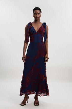 Karen Millen Womens Paisley Devore Plunge Woven Midi Dress - Navy Polyamide - Size 14 UK