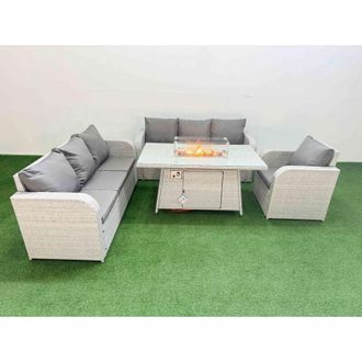 Fimous 7 Seater Poly Rattan Outdoor Garden Furniture Firepit Dining Table Sofa Set Patio 3 Seater Sofa Reclining Chair 3 Seater Sofa 2 Side Table Light Grey