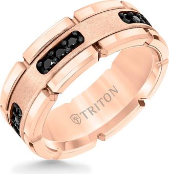 Triton 8mm White Tungsten Carbide Link Edge Ring with Black Diamonds, Satin Finish in Pink at Nordstrom, Size 11.5