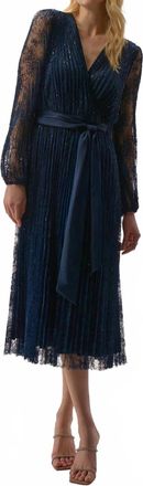 Joseph Ribkoff Sequined Belted Long Lace Sleeve Fit And Flare Dress In Midnight Blue
