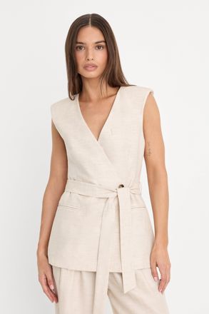 Good American Womens Linen Sleeveless Belted Vest | Oat, Size Medium | Good American by Khlo&Egrave; Kardashian