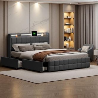 OEM Cama Doble 160x200 - Moderna - Cofre Con 4 Cajones - Led Integrada - Almacenamiento Usb