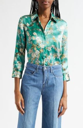 L'agence Dani Cherry Blossom Print Silk Button-Up Shirt in Teal Watercolor Cherry Blossom at Nordstrom Rack, Size Xx-Large