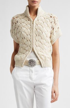 Eleventy Sequin Crochet Short Sleeve Cardigan in Ivory at Nordstrom, Size X-Large