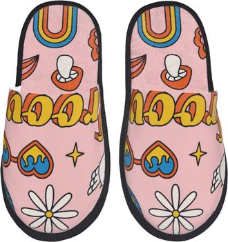 Generic House Shoes Retro 70s Hippie Print Warm Hotel Slippers Breathable Plush Womens Slippers Indoor Guest L