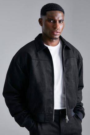 Boohooman Mens Faux Suede Boxy Collared Bomber Jacket - Black Cotton - Size X-Small