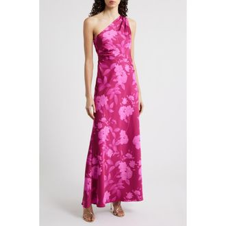 Sachin & Babi Delphine Floral One-Shoulder Satin Crepe Sheath Gown in Rhodolite Roses at Nordstrom, Size 22