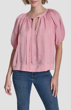 DKNY Puff Sleeve Contrast Stitch Tie Front Top in Bloom Pink at Nordstrom, Size Medium