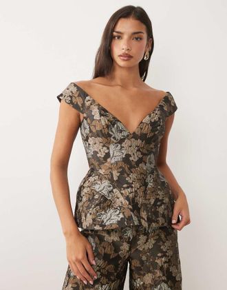 Asos Top jacquard a fiori con spalle scoperte-Multicolore