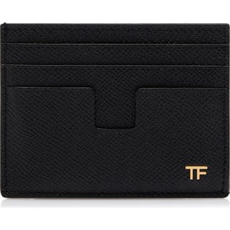Tom Ford T-Line Small Grain Calfskin Leather Card Holder in Black at Nordstrom