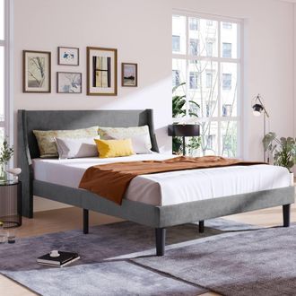 Merax 4ft6 Double Velvet Upholstered Wingback Bed Frame in Grey