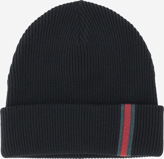Gucci Mens Wool Beanie With Web Stripes Black Hat
