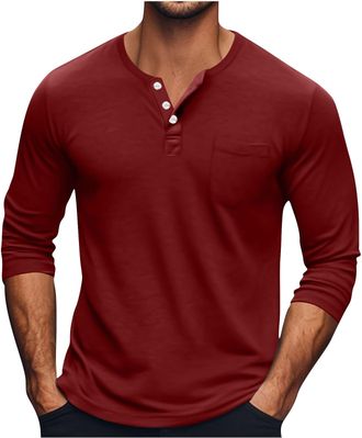 Generic Mens Long Sleeve Henley Shirt Cotton Summer Grandad T Shirt Raglan Classic Summer Shirts for Men Stand Collar Streetwear Henleys Top Solid Color Beach