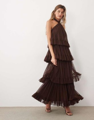 Lace & Beads vestito lungo in tulle con collo allamericana e balze color cioccolato-Marrone