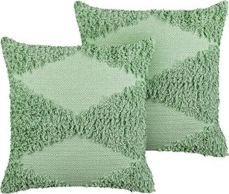 Beliani Conjunto De 2 Cojines De Algod&oacute;n Verde Claro 45 X 45 Cm Geom&eacute;trico Accesorio Rhoeo