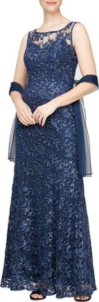 Alex Evenings Embroidered Illusion Neck Evening Gown with Shawl in Navy at Nordstrom, Size 14