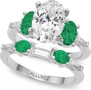 Allurez Oval Lab Grown Diamond & Emerald Bridal Set 18K White Gold (4.65ct)