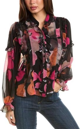 Hutch Bianca Ruffle Button Front Top In Black Romantic Watercolor Floral