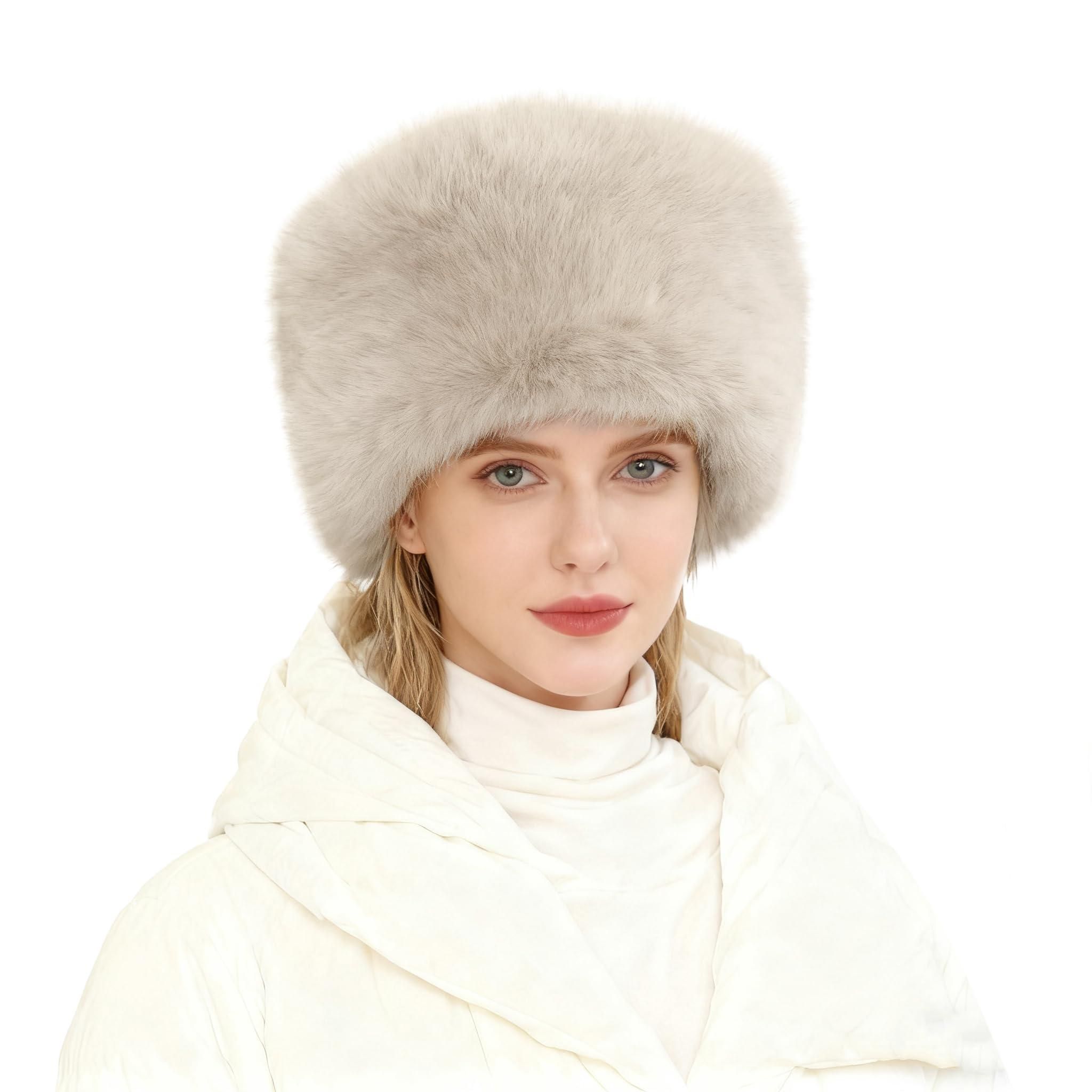 Women\'s Beige Oversized Winter Long Pile Fur Wide Moldable Brim Warmer Cap Oversized-Winter-Faux-Fur-  main image 3