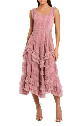 Mac Duggal Scoop Neck Sleeveless Mesh Micro Ruffle Midi Dress in Antique Rose at Nordstrom, Size 10
