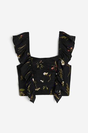 H&M Kurzbluse aus Leinenmix - Schwarz/Gebl&uuml;mt